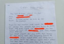 Kasus Asusila Anak di Mojokerto, Penjelasan Kabur Kepala Desa Picu Keraguan Warga Surat pernyataan terduga pelaku kekerasan seksual anak di bawah umur (foto: Agung Ch)
