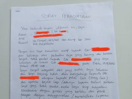Kasus Asusila Anak di Mojokerto, Penjelasan Kabur Kepala Desa Picu Keraguan Warga Surat pernyataan terduga pelaku kekerasan seksual anak di bawah umur (foto: Agung Ch)