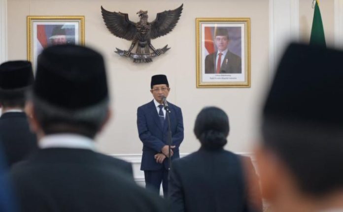 FOTO: Menteri Agama RI, Nasaruddin Umar, resmi melantik tujuh pimpinan Perguruan Tinggi Keagamaan Negeri (PTKN). Pelantikan berlangsung di Kantor Kementerian Agama, Lapangan Banteng, Jakarta, Senin (11/5/2026). (Dok Kemenag)