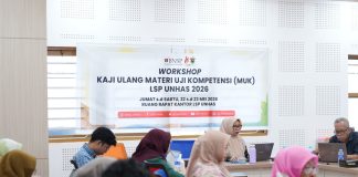 LSP Unhas Perkuat Mutu Sertifikasi melalui Workshop Kaji Ulang Materi Uji Kompetensi FOTO: Universitas Hasanuddin melalui Lembaga Sertifikasi Profesi (LSP) gelar pelaksanaan Workshop Kaji Ulang Materi Uji Kompetensi (MUK) Batch II Tahun 2026 yang berlangsung selama dua hari, Jumat–Sabtu( 22 - 23 Mei)