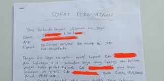 Indikasi Timpangnya Penegakan Hukum di Mojokerto, Kades Purwanto Diduga Biarkan Kasus Pencabulan Anak Berhenti Demi Nama Baik Surat pernyataan SYT alias KBL terduga pelaku kekerasan seksual anak di bawah umur (foto: Agung Ch)