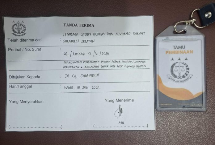 FOTO: Bukti pelaporan Lembaga Study Hukum dan Advokasi Rakyat (LASKAR) Sulawesi Selatan di Jaksa Agung Muda Tindak Pidana Khusus (JAM PIDSUS) Kejaksaan Agung Republik Indonesia.