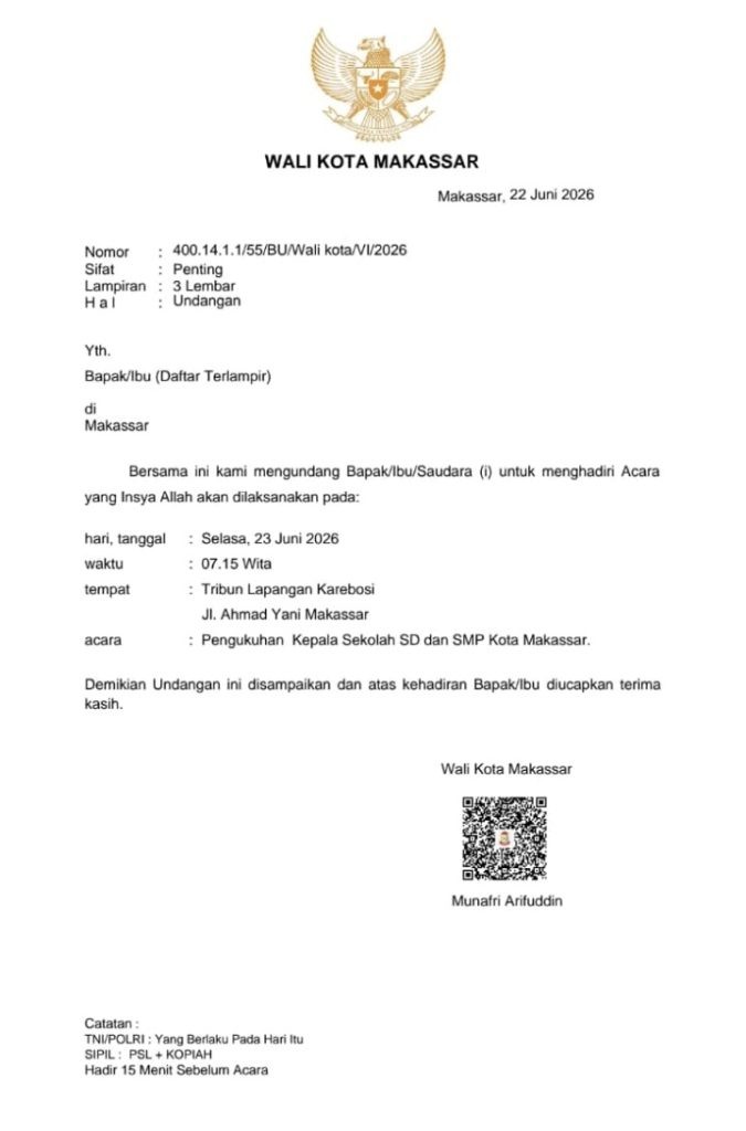 FOTO: Undangan pelantikan itu bernomor 400.14.1.1/55/BU/Wali Kota/VI/2026. Tanggal 22 Juni 2026. (Istimewa)