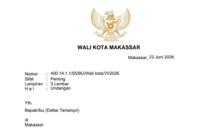 Undangan pelantikan itu bernomor 400.14.1.1/55/BU/Wali Kota/VI/2026. Tanggal 22 Juni 2026. (Istimewa)
