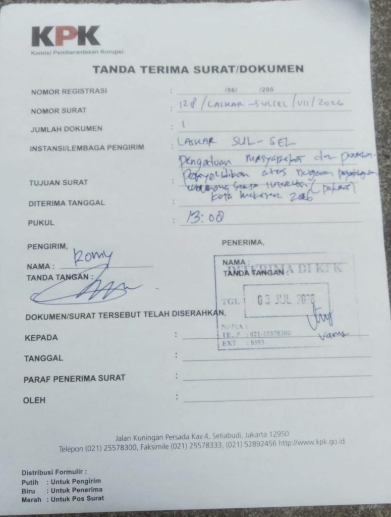 FOTO: Bukti surat pengaduan LASKAR Sulsel di KPK. (Ist)