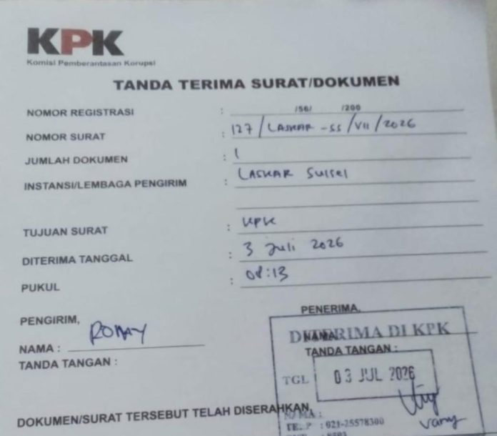 FOTO: Bukti surat pengaduan LASKAR Sulsel di KPK. (Ist)