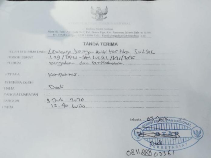 FOTO: Surat Pelaporan JAN Sulsel ke Kompolnas. FOTO: Surat Pelaporan JAN Sulsel ke Kompolnas.