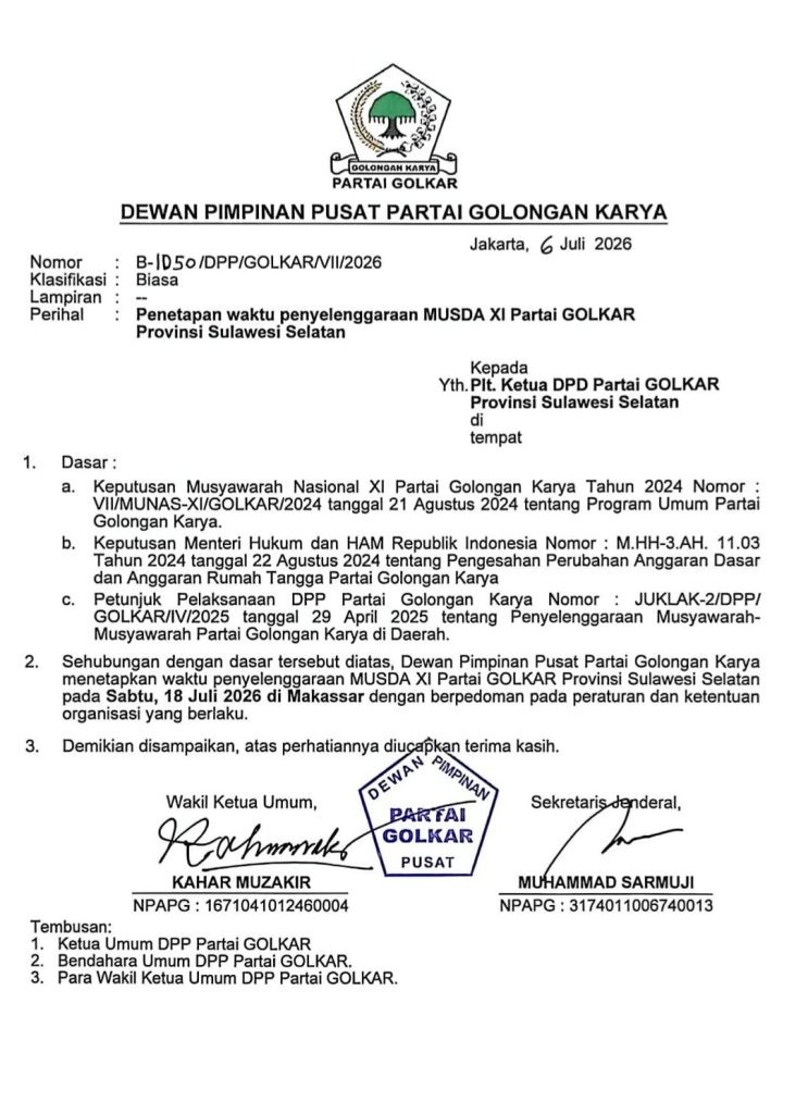 FOTO: Surat DPP Partai Golkar untuk pelaksanaan Musda ke XI DPD I Golkar Sulawesi Selatan.