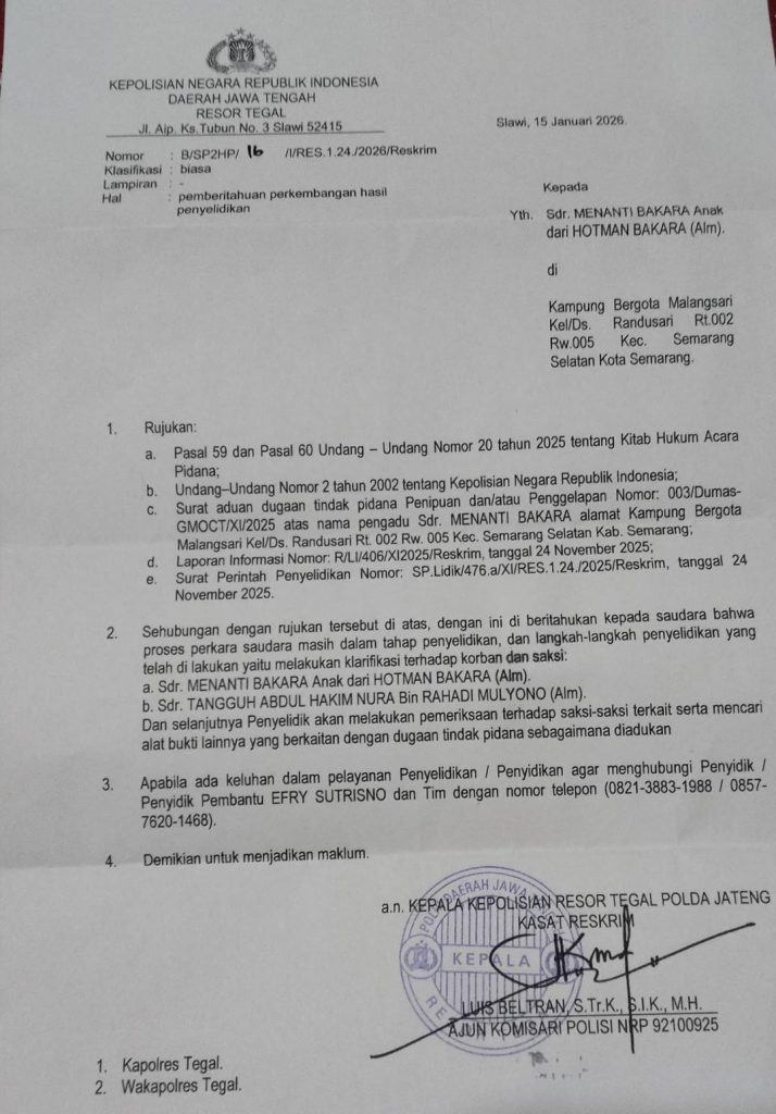 FOTO: Laporan hasil pengembangan penyelidikan dari Polres Tegal Kota. (ist)