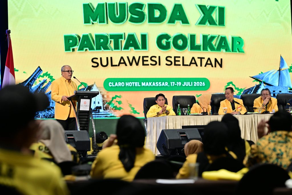 FOTO: Ketua DPD I Golkar Sulsel terpilih, Ilham Arief Sirajuddin saat menyampaikan kata sambutan digelaran Musda ke XI di Hotel Claro Makassar, Sabtu (18/7/2026). (Istimewa)