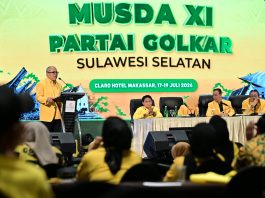Pekan Depan Kepengurusan Golkar Sulsel Rampung, Ada Ketua Harian FOTO: Ketua DPD I Golkar Sulsel terpilih, Ilham Arief Sirajuddin saat menyampaikan kata sambutan digelaran Musda ke XI di Hotel Claro Makassar, Sabtu (18/7/2026). (Istimewa)