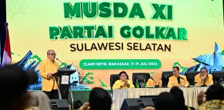 Pekan Depan Kepengurusan Golkar Sulsel Rampung, Ada Ketua Harian FOTO: Ketua DPD I Golkar Sulsel terpilih, Ilham Arief Sirajuddin saat menyampaikan kata sambutan digelaran Musda ke XI di Hotel Claro Makassar, Sabtu (18/7/2026). (Istimewa)