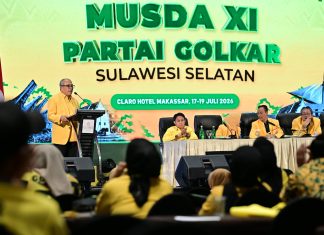 Pekan Depan Kepengurusan Golkar Sulsel Rampung, Ada Ketua Harian FOTO: Ketua DPD I Golkar Sulsel terpilih, Ilham Arief Sirajuddin saat menyampaikan kata sambutan digelaran Musda ke XI di Hotel Claro Makassar, Sabtu (18/7/2026). (Istimewa)