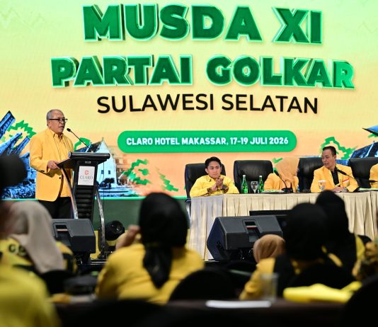 Pekan Depan Kepengurusan Golkar Sulsel Rampung, Ada Ketua Harian FOTO: Ketua DPD I Golkar Sulsel terpilih, Ilham Arief Sirajuddin saat menyampaikan kata sambutan digelaran Musda ke XI di Hotel Claro Makassar, Sabtu (18/7/2026). (Istimewa)