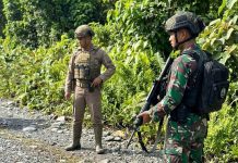 Dandim Mimika Kirim Satu Pleton Satgas untuk Kejar OPM Pelaku Penyanderaan 9 Warga Distrik Jila FOTO: Anggota TNI/Polri melaksanakan tugas pengamanan wilayah di daerah pelosok Papua. (Ist)