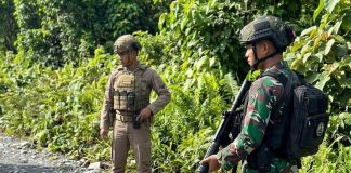 Dandim Mimika Kirim Satu Pleton Satgas untuk Kejar OPM Pelaku Penyanderaan 9 Warga Distrik Jila FOTO: Anggota TNI/Polri melaksanakan tugas pengamanan wilayah di daerah pelosok Papua. (Ist)