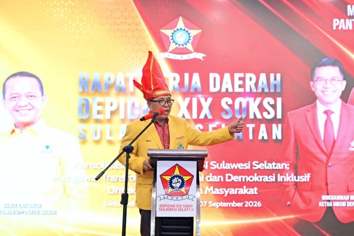 FOTO: Ketua DPD I Partai Golkar Sulsel, Ilham Arief Sirajuddin (IAS) menghadiri Rapat Kerja Daerah (Rakerda) DEPIDAR XIV SOKSI Sulawesi Selatan, yang dilaksanakan di Swiss-bell hotel wateront Makassar, Minggu, 6 September 2026.