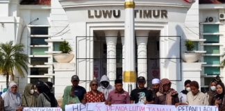 Gugatan PTUN Masih Berproses, Petani Laoli Layangkan Delapan Desakan ke Bupati Luwu Timur FOTO: Petani dari Desa Laoli saat menggelar aksi unjuk rasa di kantor Bupati Luwu Timur. Jumat (11/9/2026).