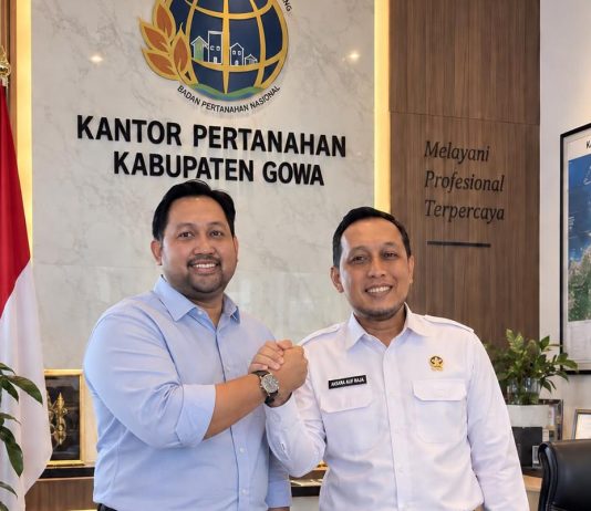 Rezza Said Konsolidasi ke BPN Gowa, Gagasan Percepatan Layanan Jadi Sorotan Jelang Musda REI FOTO: Rezza Said bertemu Kepala Kantor Pertanahan Kabupaten Gowa, Aksara Alif Raja, S.E., S.H., M.Adm.SDA., QRMP., Kamis (10/9/2026).