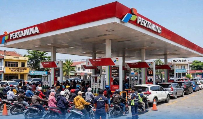 FOTO: Ilustrasi antrean kendaraan saat mengisi BBM di salah satu SPBU di Kota Makassar. (Dok. Ist) FOTO: Ilustrasi antrean kendaraan saat mengisi BBM di salah satu SPBU di Kota Makassar. (Dok. Ist)