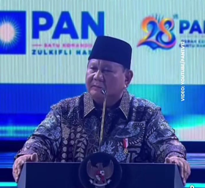 FOTO: Presiden Prabowo Subianto berpidato di puncak HUT ke-28 PAN yang digelar di JCC, Senayan, Jakarta, Jumat (18/9/2026) malam. (Tangkap layar)