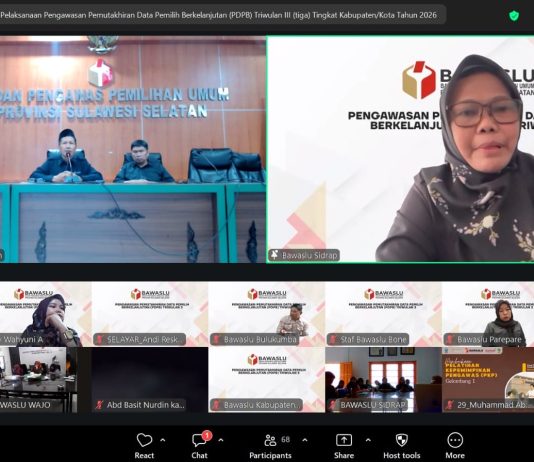 Bawaslu Sulsel: Data Anomali Pemilih Jangan Sekadar Dicatat, Verifikasi! FOTO: Rapat Evaluasi Pelaksanaan Pengawasan PDPB dan Persiapan Pengawasan Rapat Pleno Terbuka PDPB Triwulan III, di Ruang Sidang Mutmainnah, Kantor Bawaslu Sulsel dan diikuti jajaran Bawaslu kab/kota secara daring, Senin (21/9/2026).