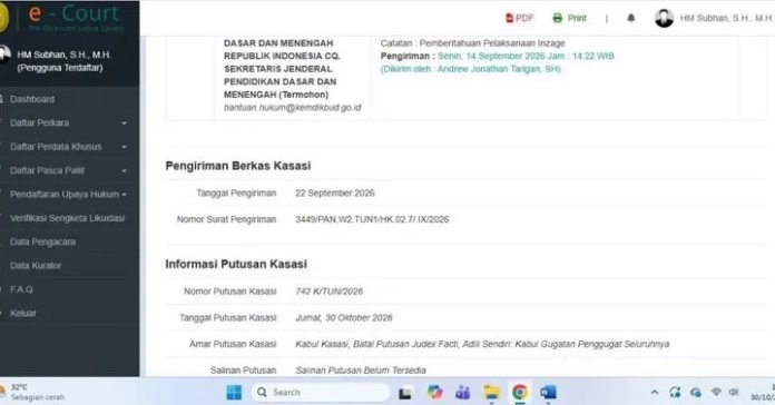 FOTO: Tampilan website putusan Mahkamah Agung. (Sumber akun Facebook Denny Indrayana) FOTO: Tampilan website putusan Mahkamah Agung. (Sumber akun Facebook Denny Indrayana)