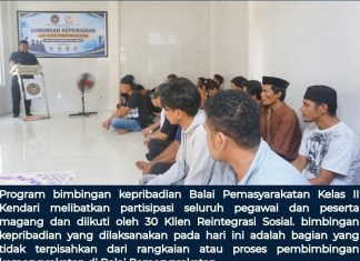 BAPAS Kendari Laksanakan Bimbingan Kepribadian Bagi Klien: Tingkatkan Ketawaan Kepada Tuhan Yang Maha Esa dan Tanamkan Kesadaran Hukum FOTO: Balai Pemasyarakatan Kelas II Kendari melaksanakan program bimbingan kepribadian bagi Klien yang menjalani masa Reintegrasi Sosial di Musolla Balai Pemasyarakatan Kelas II Kendari di Musolla Balai Pemasyarakatan Kelas II Kendari. Kamis 8 Oktober 2026.