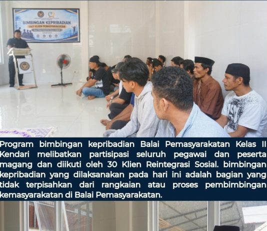 BAPAS Kendari Laksanakan Bimbingan Kepribadian Bagi Klien: Tingkatkan Ketawaan Kepada Tuhan Yang Maha Esa dan Tanamkan Kesadaran Hukum FOTO: Balai Pemasyarakatan Kelas II Kendari melaksanakan program bimbingan kepribadian bagi Klien yang menjalani masa Reintegrasi Sosial di Musolla Balai Pemasyarakatan Kelas II Kendari di Musolla Balai Pemasyarakatan Kelas II Kendari. Kamis 8 Oktober 2026.