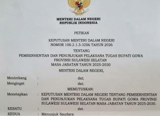 Bupati dan Kejari Berganti, Darmawangsa Pimpin Kabupaten Gowa FOTO: Surat penunjukan pelaksana tugas nomor: 100.2.1.3-3256 Tahun 2026, Tanggal 14 Oktober 2026. Menunjuk Darmawangsa Muin selaku pelaksana tugas Bupati Gowa. (ist)