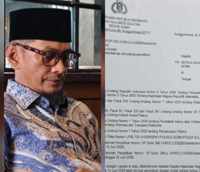 FOTO: Koordinator Koalisi organisasi kemasyarakatan (ormas), aktivis pemuda, dan mahasiswa, Illank Radjab, S.H., dan Surat Pemberitahuan Dimulainya Penyidikan. Surat itu bernomor: B/SPDP/263/VI/RES.2.5/2026/Satreskrim, Tanggal 26 Juni 2026. (Kolase)