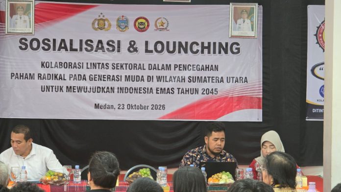 FOTO: Kegiatan Sosialisasi dan Launching Kolaborasi lintas sektoral dalam pencegahan radikal pada generasi muda di wilayah Sumut untuk mewujudkan Indonesia Emas tahun 2045 di SMA Negeri 5, Jumat (23/10/2026).